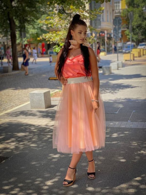 Tea Peach Color Tulle Skirt / Summer Wedding Tulle Skirt / Midi