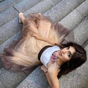 Painted Tulle Skirt: Handmade Beige Designer Skirt