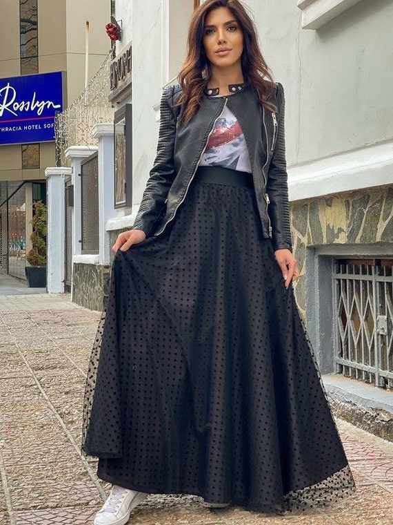 Buy Maxi Black Cotton Mesh Skirt / Long Black Polka Dots Skirt / Casual  Black Skirt Online in India 