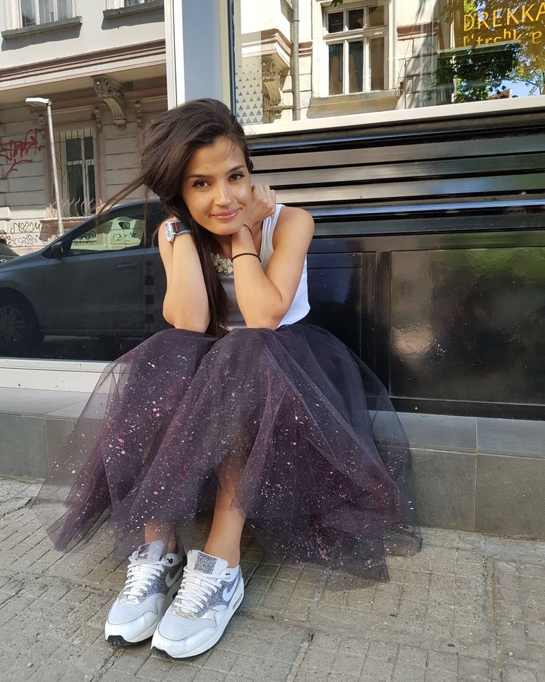 Black Sprayed Tulle Skirt  Party Skirt  Midi Tulle Skirt image 4