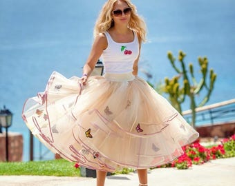 Butterfly Embroidered Tulle Skirt: Handmade Women's & Kids Fashion