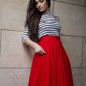 Midi Red Cotton Skirt / Urban Red Skirt / Women's Skirt with Pockets / Streetstyle Daily Skirt image 10