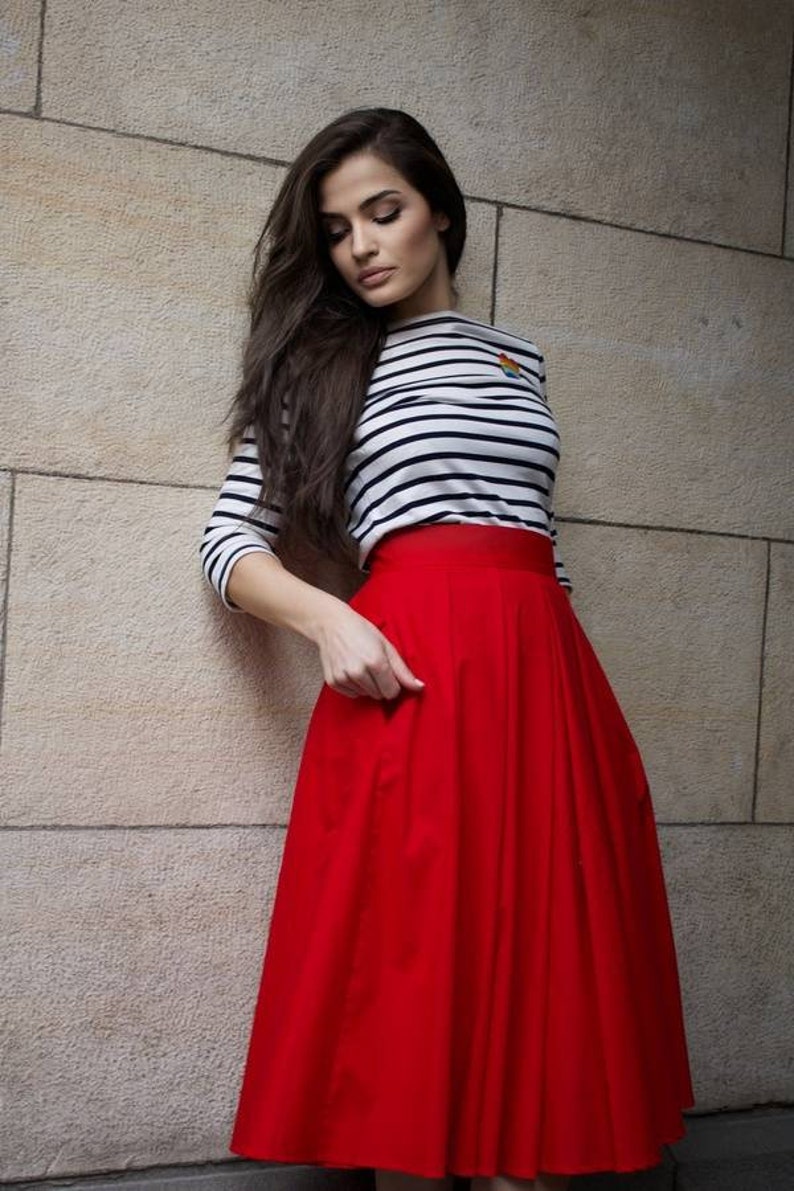 Midi Red Cotton Skirt / Urban Red Skirt / Women's Skirt with Pockets / Streetstyle Daily Skirt image 10