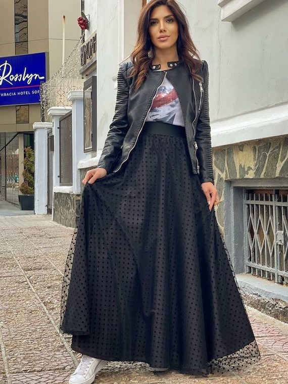 Maxi falda de malla algodón negro / falda larga de lunares - Etsy México