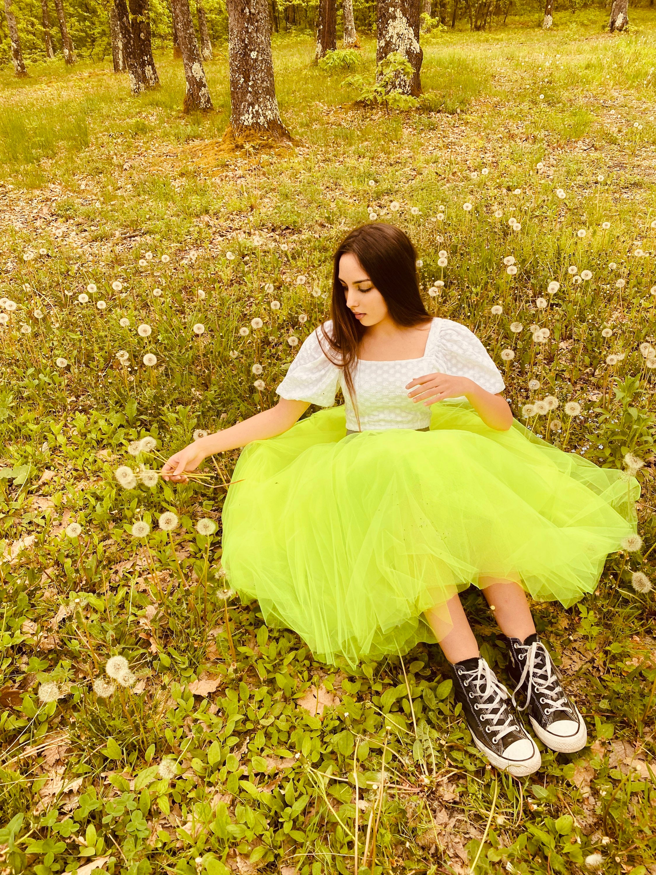 Lime green top midi tulle skirt
