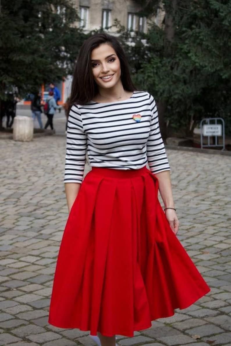 Midi Red Cotton Skirt / Urban Red Skirt / Women's Skirt with Pockets / Streetstyle Daily Skirt image 4