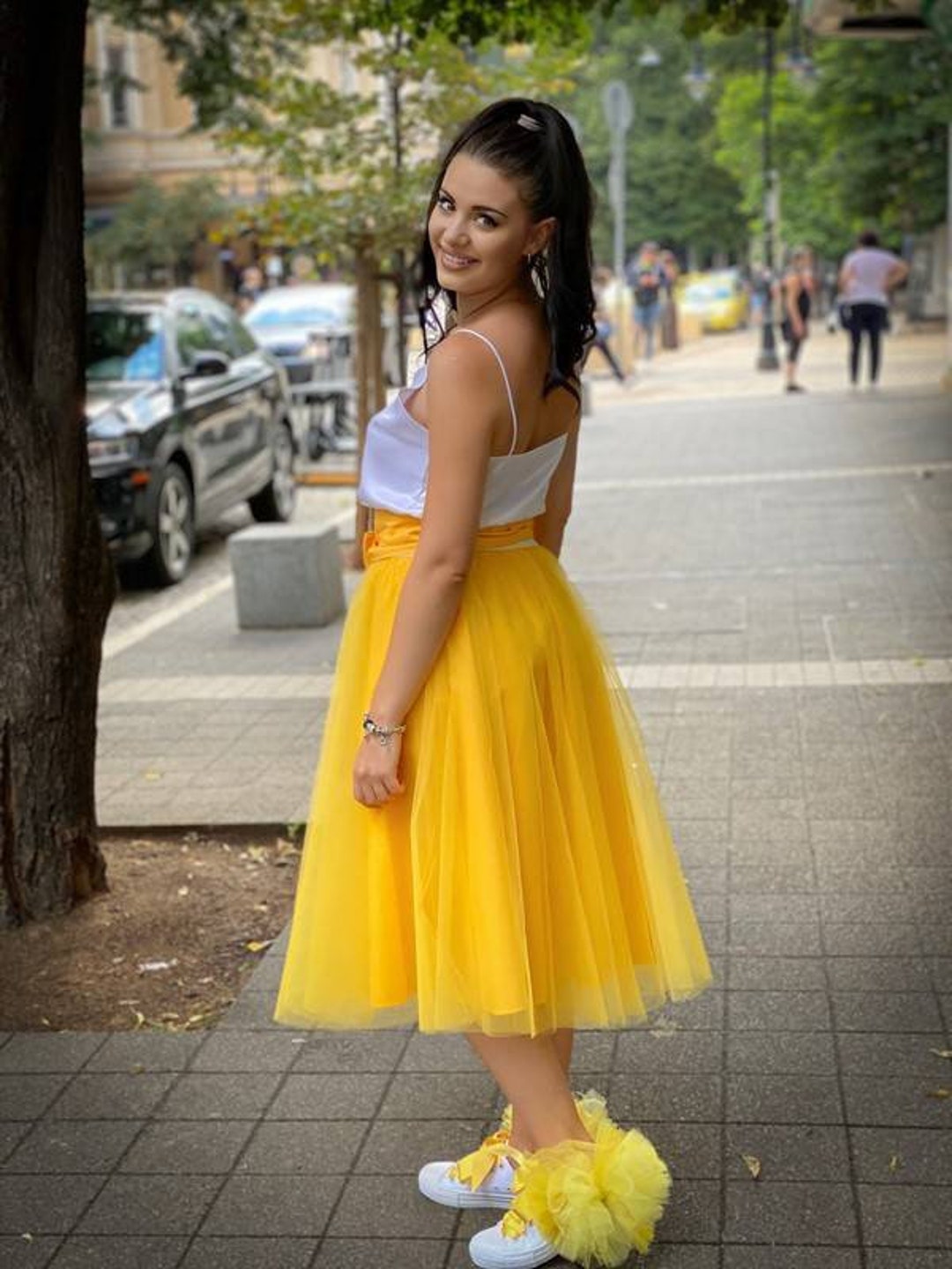 5212175 Yellow Layered Tulle Skirt Rompers