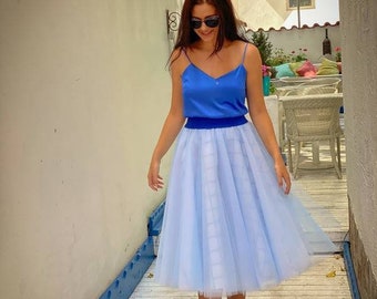 Blue Tulle Skirt / Light Blue Multi-Layered Tea Length Tutu/ Bridesmaid Party Blue Skirt  / Wedding  Baby Blue Tulle Skirt / Baby Blue Tutu