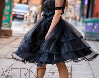 Falda de tul negra: vestido de fiesta con volantes, vestido de noche