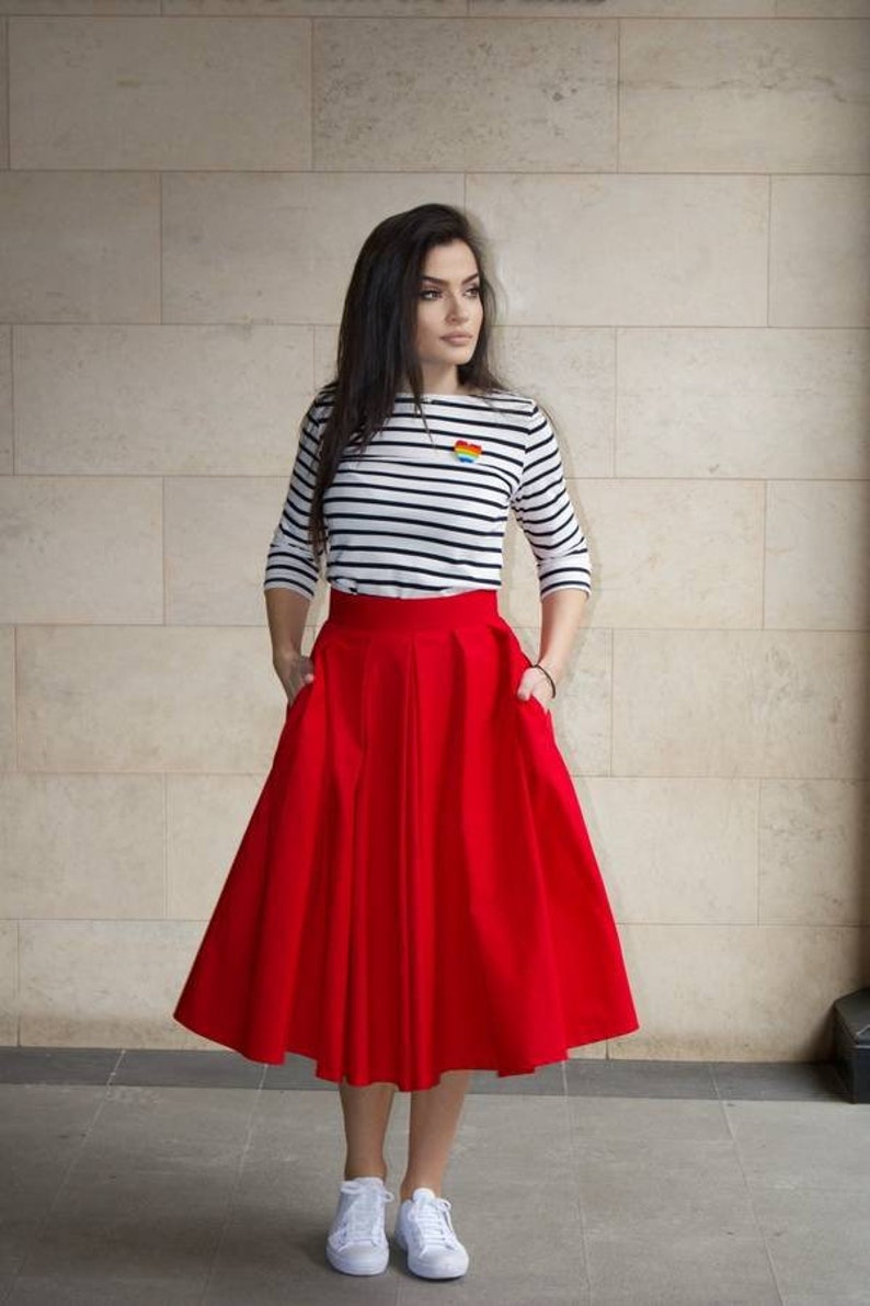 Midi Red Cotton Skirt / Urban Red Skirt / Women's Skirt with Pockets / Streetstyle Daily Skirt image 1