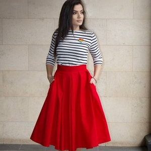 Midi Red Cotton Skirt / Urban Red Skirt / Women's Skirt with Pockets / Streetstyle Daily Skirt image 6