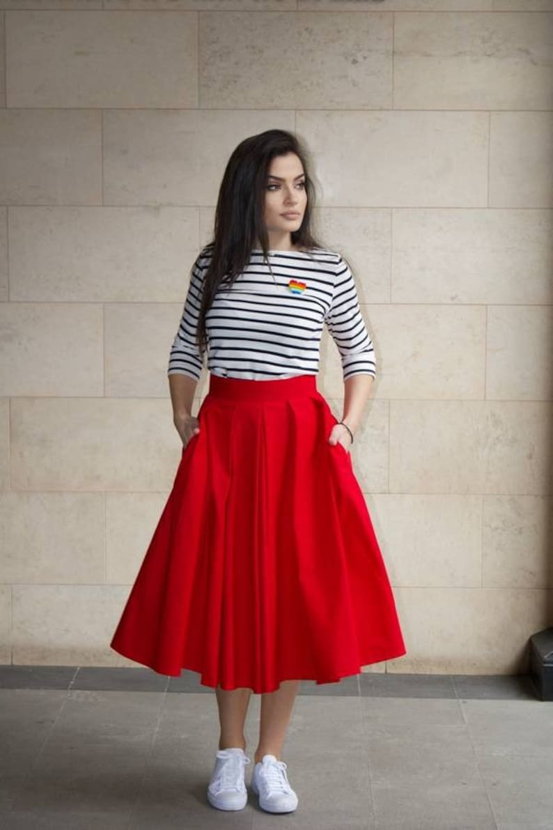 Midi Red Cotton Skirt / Urban Red Skirt / Women's Skirt with Pockets / Streetstyle Daily Skirt image 6