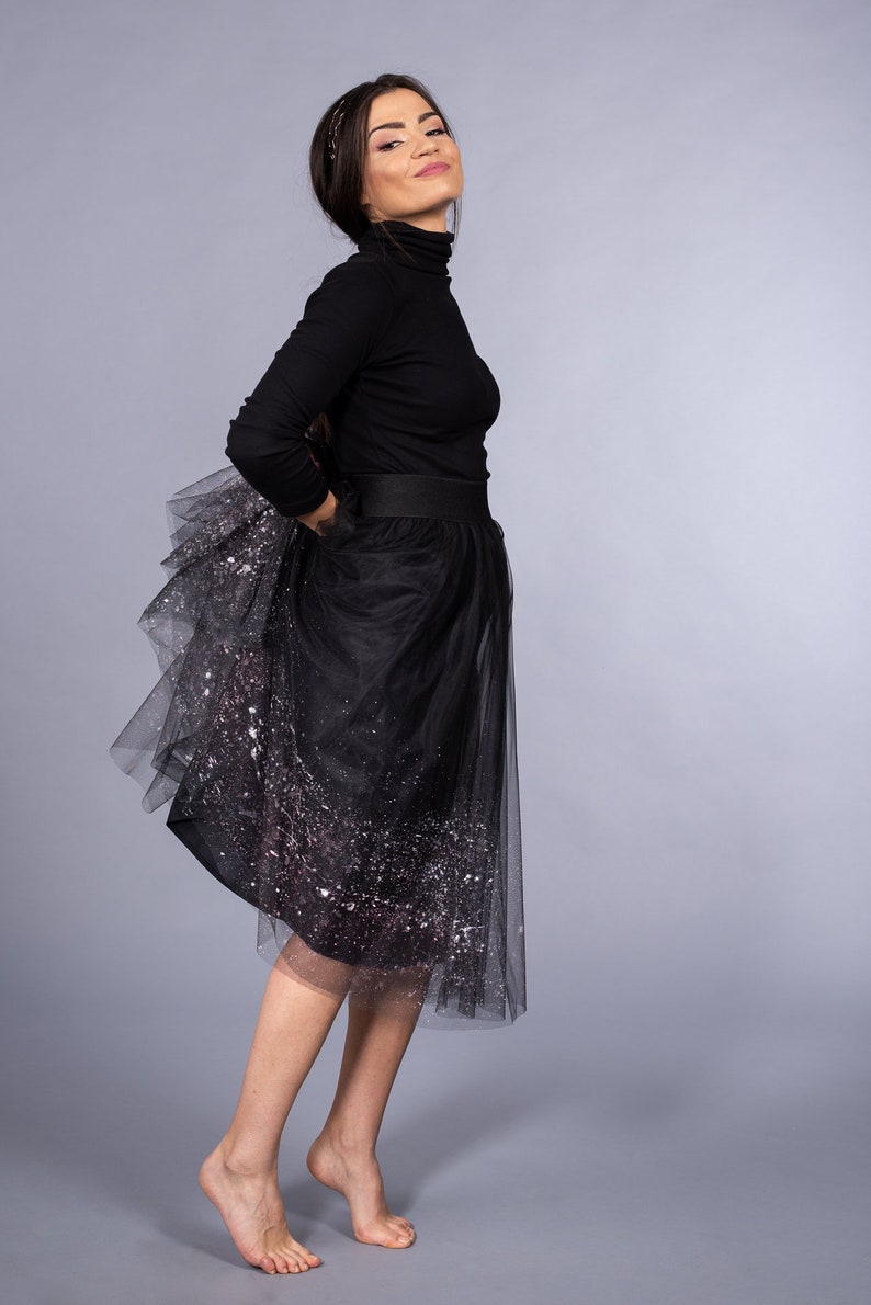 Black Tulle Skirt / Ombre Hand Painted Snowflakes effect Tutu Skirt / Mini Midi Maxi Tulle skirt / Party Outfit black tutu image 3