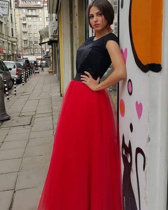 Falda larga de tul rojo Falda roja de fiesta de - Etsy México