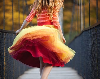 Burgundy Orange Yellow Tulle Skirt: Elegant Multi-Color Fall Fashion, Verne