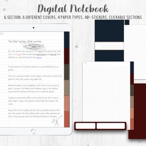 Pode incluir: Um aplicativo de caderno digital com uma capa azul escura e uma página aberta para uma seção sobre o sistema solar. A página tem notas escritas à mão sobre o sistema solar e um diagrama dos planetas. O aplicativo tem uma variedade de tipos de papel e adesivos.