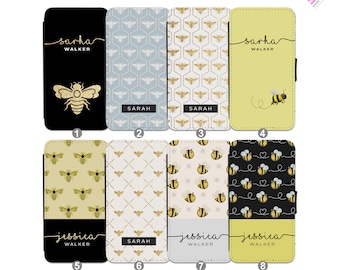 Personalised Honey Bee Leather Flip wallet phone case for Samsung Galaxy S22 S21 A21s S20 FE A12 A52 Apple iPhone 14 13 11 XR se 2022 174
