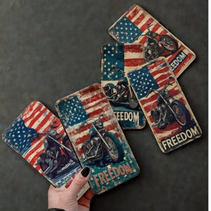 Freiheit Motorrad Geldbörse Hülle für iPhone Samsung Vintage Amerikanische Flagge Kunst PU-Leder Kartenhalter Samsung S25 iPhone 16 Serie MJ19