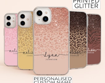 Personalized Glitter Animal Print Phone Case: Custom Name Samsung, iPhone