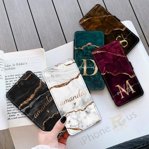 Custodia per telefono con portafoglio in marmo, monogramma personalizzato, custodia in similpelle, motivo iniziale venato in oro, Samsung iPhone Flip magnetico, regalo personalizzato