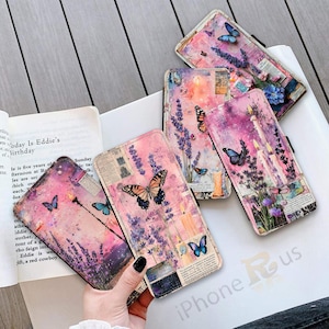 Étui portefeuille pour téléphone, motif papillon, fleur de lavande, cadeau personnalisé pour Samsung S24 Ultra, iPhone 15 Pro Max, coque pour mobile florale pour femme