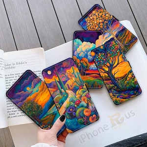 Funda tipo cartera para iPhone Samsung con estampado de fantasía, paisaje y luna, de piel sintética, tarjetero, Samsung S25, iPhone 16 Series MJ46