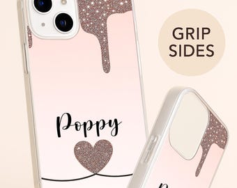 Custom Name Glitter Heart Phone Case: Gel Grip Cover for iPhone 16 & Samsung S25