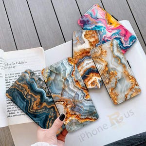 Étui portefeuille pour téléphone pour iPhone pour Samsung, imprimé marbre, agate dorée, design en cuir PU, porte-cartes Samsung S25 pour iPhone, série 16 MJ29