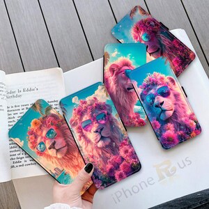 Étui portefeuille lion d'été pour iPhone Samsung lunettes de soleil cool art porte-cartes en cuir PU Samsung S25 iPhone série 16 MJ17