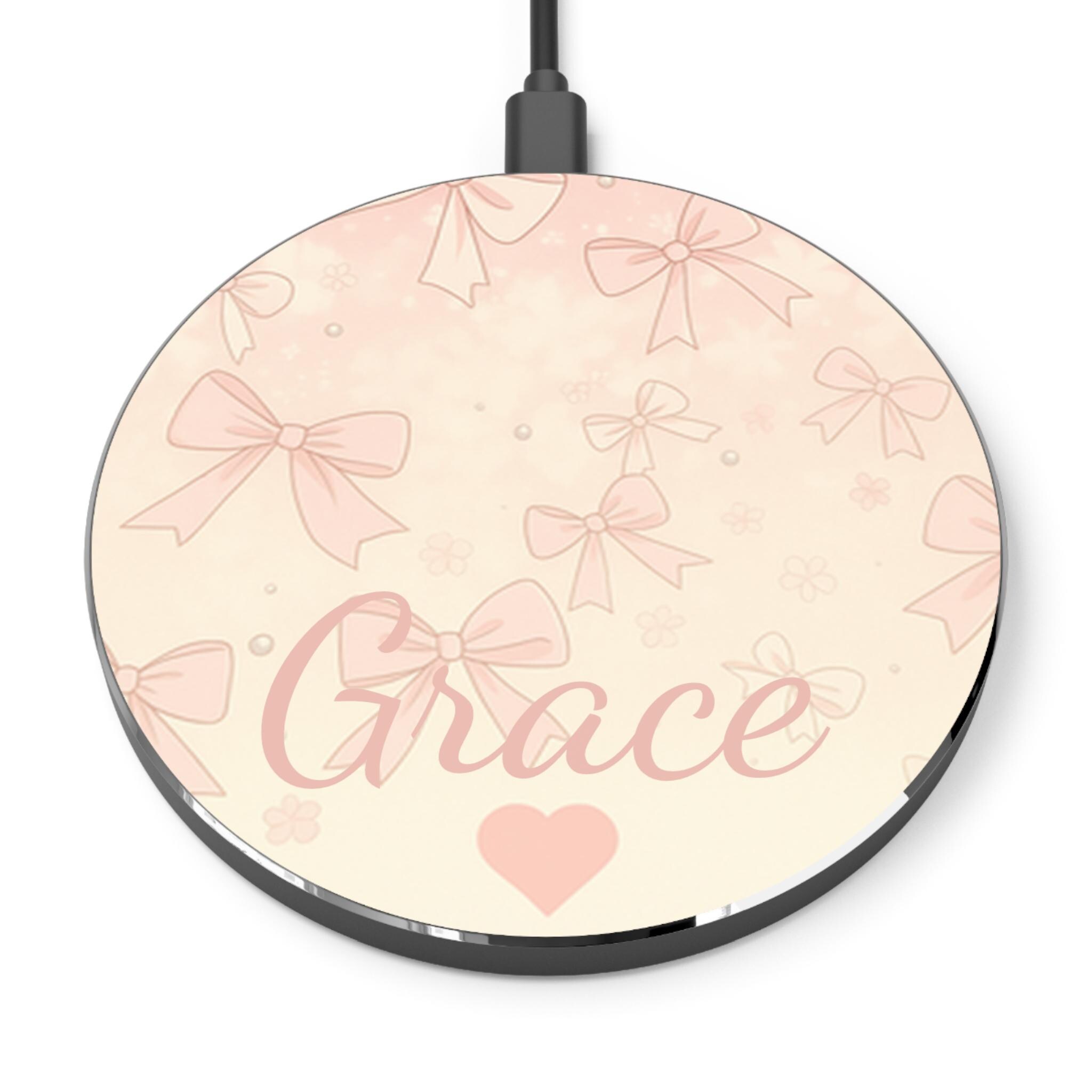 Personalized Wireless Charger with Pink Coquette Bows Cute Gift for Tech Lovers Mother's Day Decor Custom Stationery Home Office Accessory