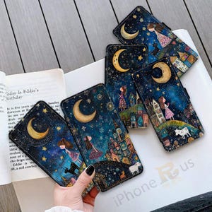 Étui portefeuille pour iPhone Samsung, fille nuit étoilée et lune, porte-cartes en cuir PU Samsung S25 pour iPhone série 16 MJ55