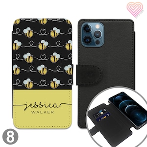 Cartera de cuero personalizada para teléfono con nombre, diseño de abeja, soporte para tarjetas, funda de PU para regalo de cumpleaños, funda para teléfono 174