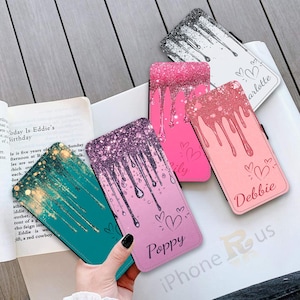 Funda de teléfono personalizada para Samsung iPhone, funda de billetera con nombre personalizado, funda para teléfono con tarjetero, regalo para mujer, diseño de goteo MJ64
