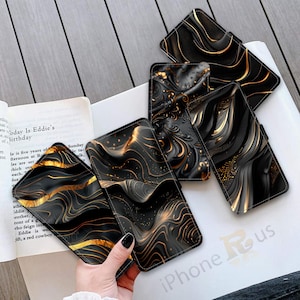 Funda tipo cartera para iPhone Samsung, con estampado de mármol negro y dorado, de piel sintética, tarjetero, Samsung S25, iPhone 16 Series MJ38