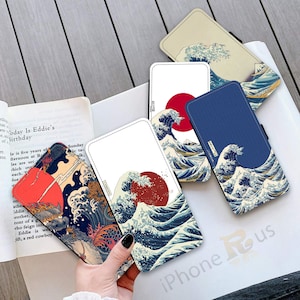 Étui portefeuille pour téléphone, design vague japonaise, iPhone 15 Pro Max, Samsung S24 Ultra, cadeau pour lui, porte-cartes, étui pour téléphone en cuir