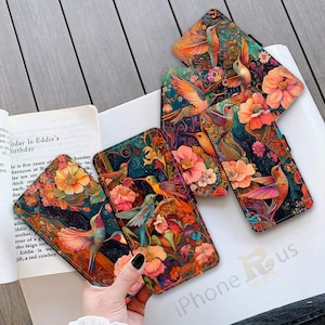 Capa tipo carteira para iPhone Samsung IMPRESSO Hummingbird Paradise PU Couro Porta-cartões Samsung S25 iPhone 16 Series MJ43