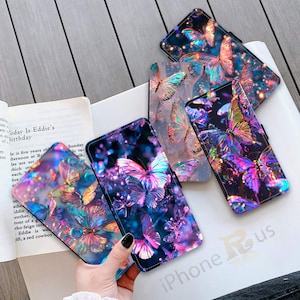 Étui portefeuille pour iPhone Samsung, IMPRIMÉ néon papillon Galaxy PU cuir porte-cartes Samsung S25 iPhone série 16 MJ39