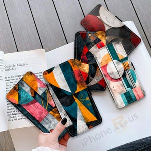 Funda tipo cartera para iPhone Samsung con estampado geométrico abstracto en verde azulado, tarjetero de piel sintética para Samsung S25, iPhone 16 Series MJ37
