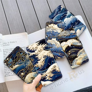 Funda tipo cartera para teléfono con diseño de ondas, estilo japonés, de piel sintética, con tapa, para Samsung y iPhone, regalo personalizado