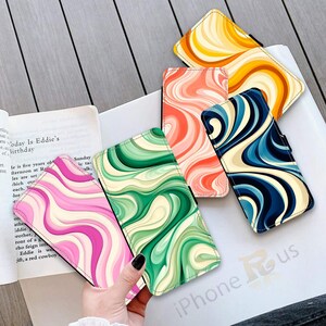 Brieftasche Telefon Fall für iPhone für Samsung PRINTED Retro Swirl Design PU-Leder Kartenhalter Samsung S25 iPhone 16 Serie MJ31
