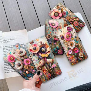 Funda tipo cartera para iPhone Samsung con estampado de acuarela "Amapola Jardín" de piel sintética, tarjetero, Samsung S25, iPhone 16 Series MJ54