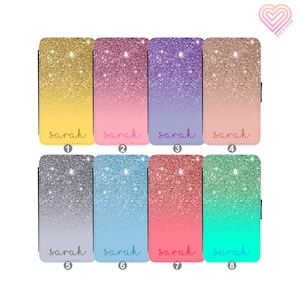 Cartera de cuero personalizada para teléfono con nombre impreso, diseño brillante, soporte para móvil, ranura para tarjetas, funda de PU para regalo de cumpleaños, funda para teléfono 073
