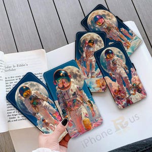 Funda tipo cartera con diseño de astronauta espacial para iPhone y Samsung, tarjetero de piel sintética con diseño de alunizaje, Samsung S25, iPhone 16, serie MJ18