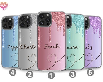 PERSONALISED Printed Glitter gel grip phone case cover name or Initials hard back for Samsung S24 S23 A54 5G A34 5G S22 A21s S21 FE A12 736