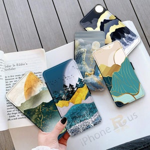 Capa tipo carteira com cena de montanha, capa para celular com paisagem natural, couro sintético, arte impressa, flip magnético personalizado para Samsung iPhone, presente personalizado
