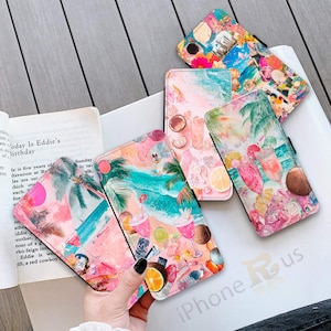 Étui portefeuille pour iPhone pour Samsung, cocktail d'été, design de plage, porte-cartes en cuir PU, série S25 pour iPhone, série 16, MJ20