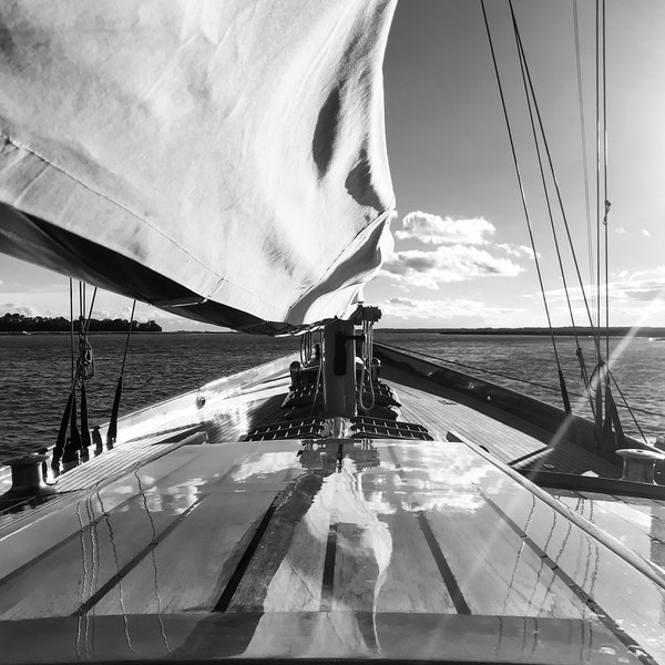 Bow of Beautiful Classic Sailboat/Sails and Rigging/ Modern Nautical & Ocean Art/Black White Fine Art Photography/Digital Download Print