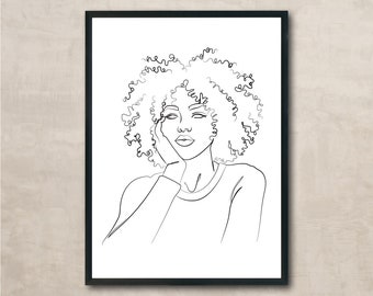 Curly Hair Female Line Art Print- Resting Hand Pose, Curly line art, Curly Illustration