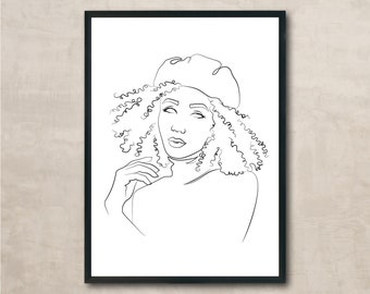 Curly Hair Female Line Art Print - Cozy Winter- Beret Glam, Aesthetic Room Decor
