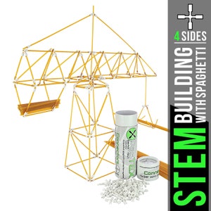 May include: A STEM building kit with spaghetti and connectors. The kit includes a white tube with the brand name "POSTEX" and the text "Connectorz". The kit also includes a white container with white connectors and a yellow spaghetti structure.